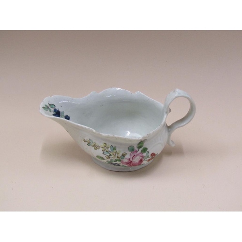 178 - An 18c Moulded cream jug, hand painted with flowers, 6cm h.