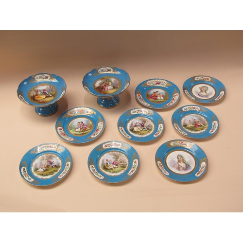 180 - A 19c Sevres style dessert service, hand painted on a Sevres blue ground with portraits and figures,... 