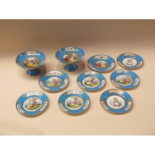 180 - A 19c Sevres style dessert service, hand painted on a Sevres blue ground with portraits and figures,... 