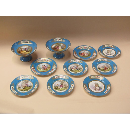 180 - A 19c Sevres style dessert service, hand painted on a Sevres blue ground with portraits and figures,... 