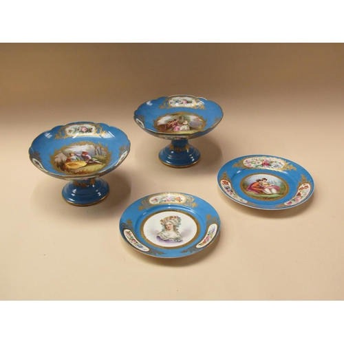 180 - A 19c Sevres style dessert service, hand painted on a Sevres blue ground with portraits and figures,... 