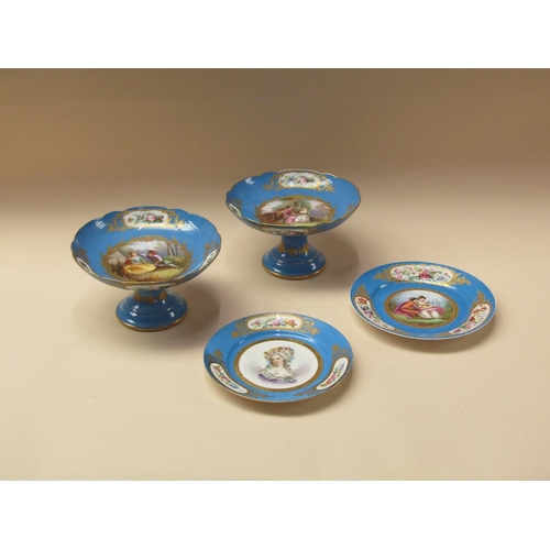 180 - A 19c Sevres style dessert service, hand painted on a Sevres blue ground with portraits and figures,... 