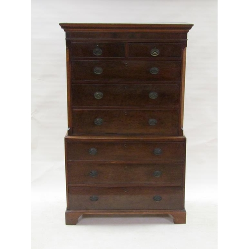 278 - A late Georgian figure mahogany chest on chest, the upper section under a dentil moulded cornice hav... 