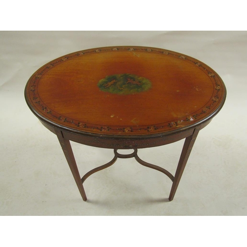 287 - A Regency period satin wood painted oval centre table, the table top with a centre painted cherub mo... 