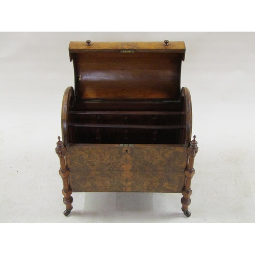 292 - A Victorian burr walnut music Canterbury with a domed hinged top, fitted three compartments and havi... 