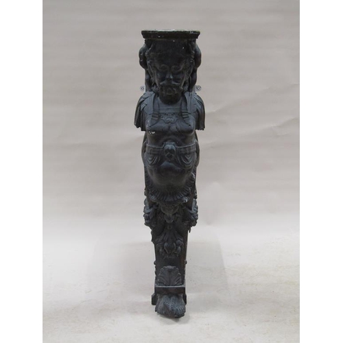 293 - A 19c oak buttress bracket carved as a Bacchanalian gentleman with horns and wings, 27cm w, 118cm h.