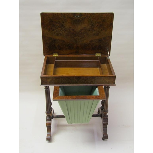 297 - A Victorian figured walnut needlework table of rectangular form with a hinged raised cover, quarter ... 