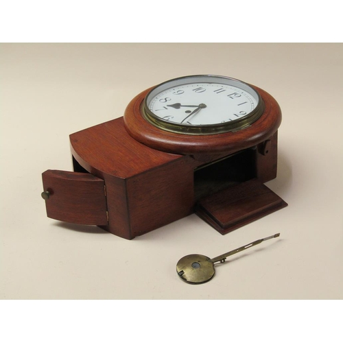 38 - An early 20c English fusee trunk dial having a mahogany case, 20cm flat painted dial and single fuse... 