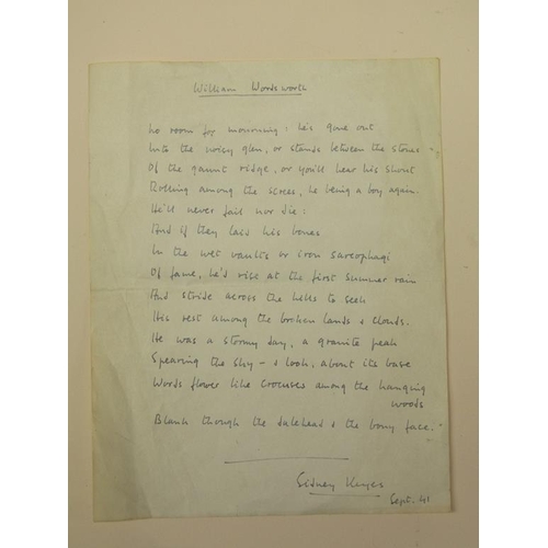 4 - Sidney Keyes September 41 - A hand written pen and ink poem titled William Wordsworth, on note paper... 