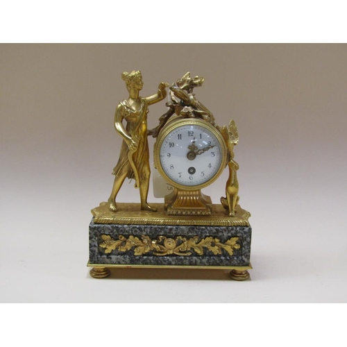 42 - A late 19c small French figural mantel clock, the single train movement having a cylinder platform e... 