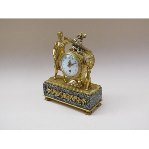 42 - A late 19c small French figural mantel clock, the single train movement having a cylinder platform e... 