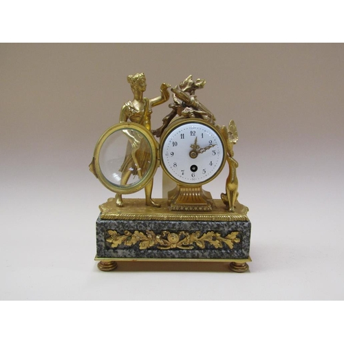 42 - A late 19c small French figural mantel clock, the single train movement having a cylinder platform e... 