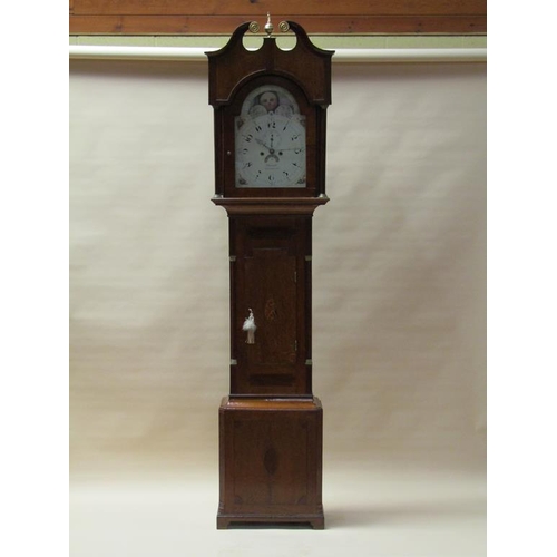 44 - An early 19c eight day longcase clock, the white painted arched dial signed Thackwell of Monmouth an... 