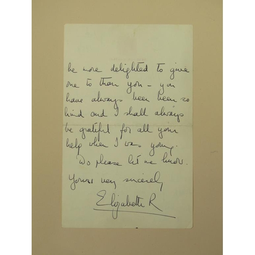 5 - HM Queen Elizabeth II, A hand written pen and ink letter directed to 'Monty'.  Mrs Montaudon Smith w... 