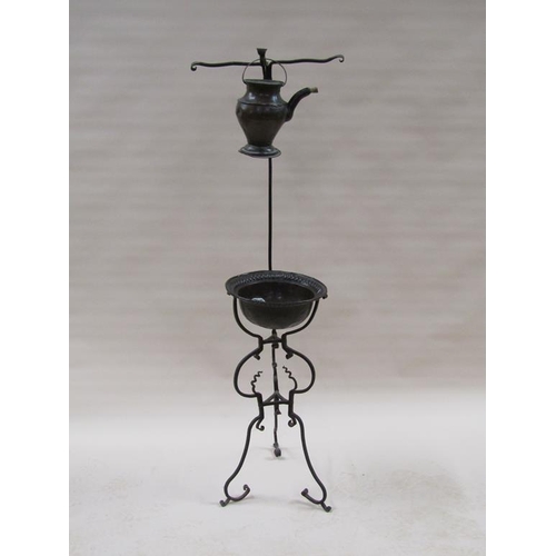 59 - An 18c Continental wash stand of wrought iron construction with a copper wash bowl and water jug, th... 