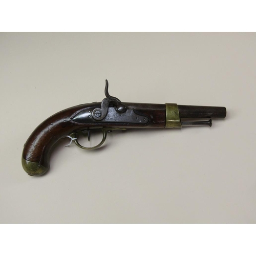 16 - A 19c European percussion pistol, the plate engraved M.R. De Mutzig, 8in barrel, 14in long with a .7... 