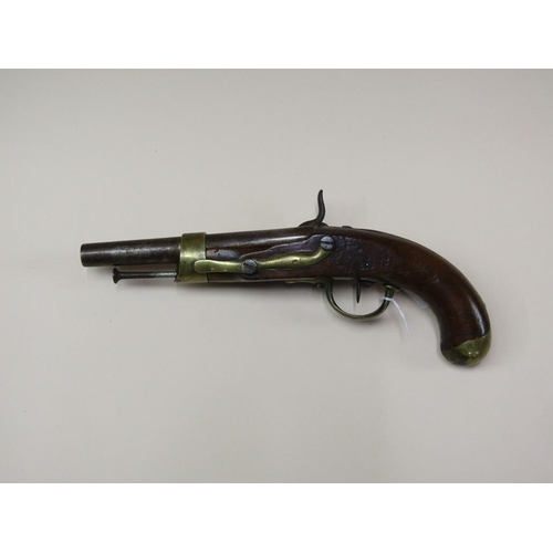 16 - A 19c European percussion pistol, the plate engraved M.R. De Mutzig, 8in barrel, 14in long with a .7... 