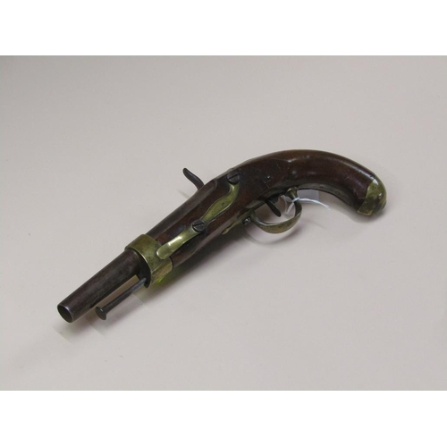 16 - A 19c European percussion pistol, the plate engraved M.R. De Mutzig, 8in barrel, 14in long with a .7... 