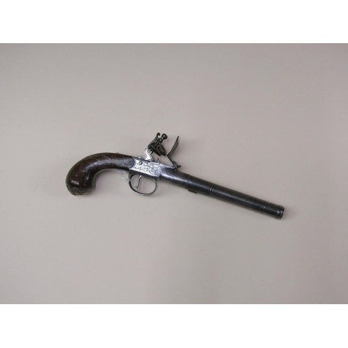 19 - A twenty five bore Queen Anne style box slot flintlock cannon barrelled holster pistol by Bumford, L... 