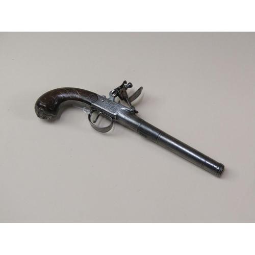 19 - A twenty five bore Queen Anne style box slot flintlock cannon barrelled holster pistol by Bumford, L... 