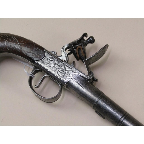 19 - A twenty five bore Queen Anne style box slot flintlock cannon barrelled holster pistol by Bumford, L... 