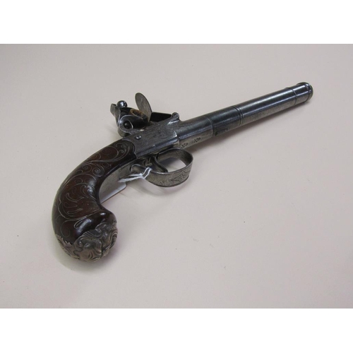 19 - A twenty five bore Queen Anne style box slot flintlock cannon barrelled holster pistol by Bumford, L... 