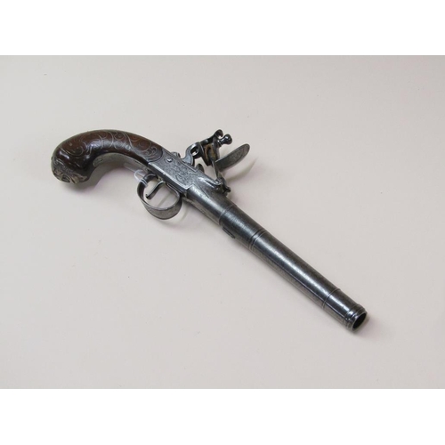 19 - A twenty five bore Queen Anne style box slot flintlock cannon barrelled holster pistol by Bumford, L... 