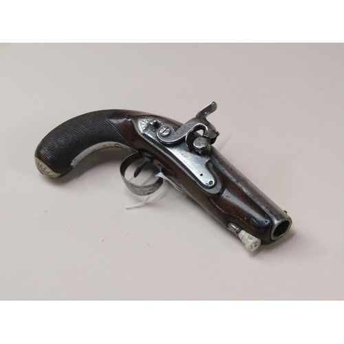 21 - An 18c flintlock overcoat pistol with a walnut full stock, plate engraved W Bond, the barrel, Lombar... 