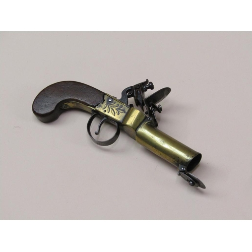 24 - A late 18c flintlock brass and steel tinder lighter pistol, 7in long.