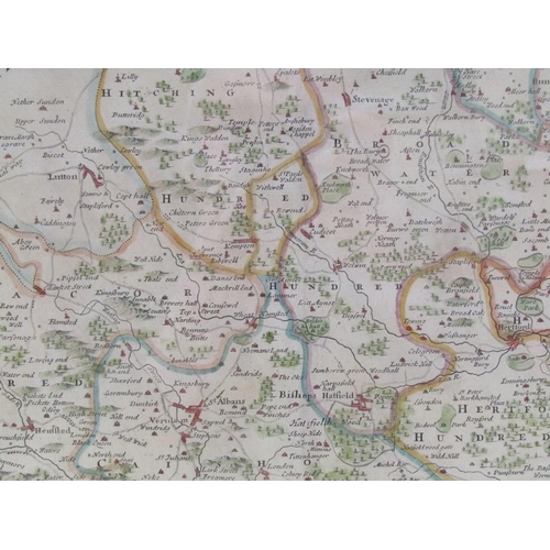 217 - Robert Morden - coloured map of Hertfordshire, framed and glazed, 36cm x 45cm.