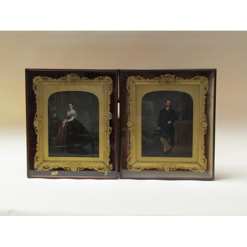 225 - Unsigned late 19c - a pair, lady and gentleman portraits, both standing, watercolours, gilt frames w... 