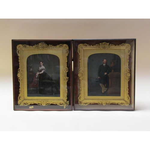 225 - Unsigned late 19c - a pair, lady and gentleman portraits, both standing, watercolours, gilt frames w... 