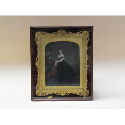 225 - Unsigned late 19c - a pair, lady and gentleman portraits, both standing, watercolours, gilt frames w... 