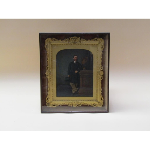 225 - Unsigned late 19c - a pair, lady and gentleman portraits, both standing, watercolours, gilt frames w... 