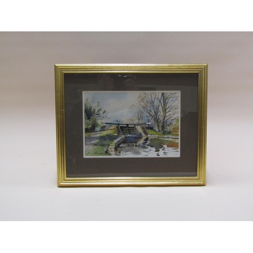 227 - Harry Sheldon - The Locks, Winter Sunshine, signed watercolour, framed and glazed, 17cm x 25cm.