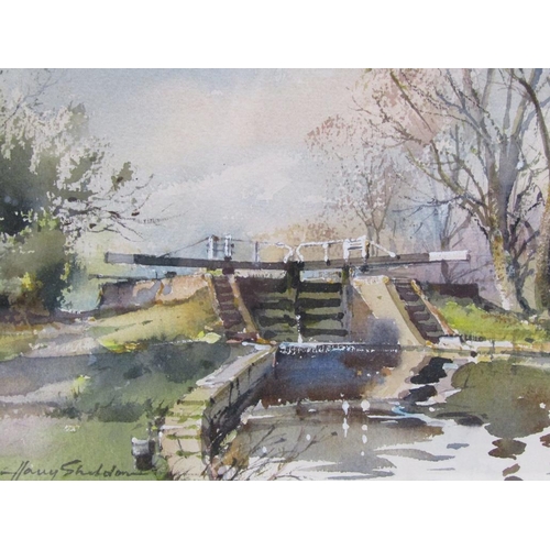 227 - Harry Sheldon - The Locks, Winter Sunshine, signed watercolour, framed and glazed, 17cm x 25cm.