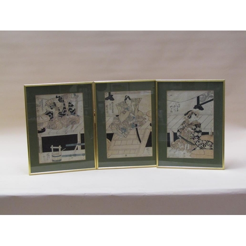 242 - A triptych series of three Japanese watercolours featuring two Samurai Warriors and a musician, each... 