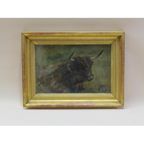 245 - Louis Bosworth Hurt - A Highland bull, signed oil on canvas, framed, 19cm x 29cm.