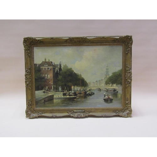 252 - Signed indistinctly late 19c/early 20c - European city riverscape, oil on canvas, framed, 48cm x 68.... 