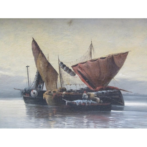 259 - Robert Gould -Coastal sailing barges, signed, oil on canvas, framed, 48cm x 90cm.