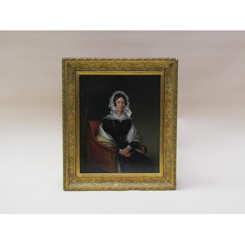 262 - Unsigned 19c - Portrait of a lady seated in a chair, oil on panel, framed, 29.5cm x 24cm.