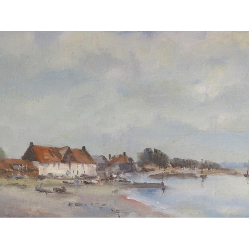 263 - Ronald Crampton - Coastal estuary setting at low tide with cottages and quayside, signed oil on boar... 