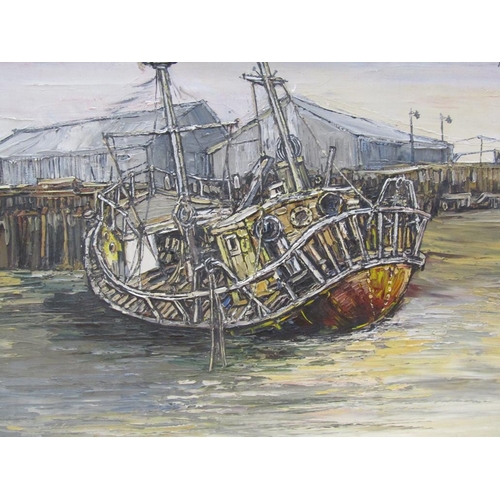 266 - Robert Hill 1932/1990 - Derelict ship, Yarmouth, signed oil on canvas, framed, 51cm x 76cm.