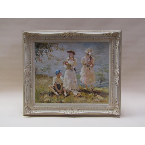 268 - Vladimir Petrov - A young boy with two young ladies at lakeside, signed oil on canvas, framed, 49cm ... 