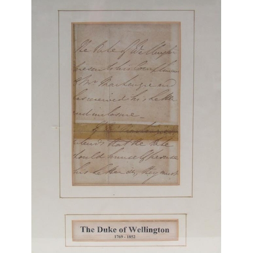 3 - A framed collection relating to the Duke of Wellington comprising a hand written letter to a Mr McKe... 