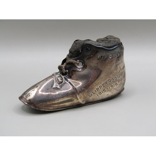 115 - A silver shoe pin cushion, engraved Slipper Room, Birmingham 1908, 5.2cm l.