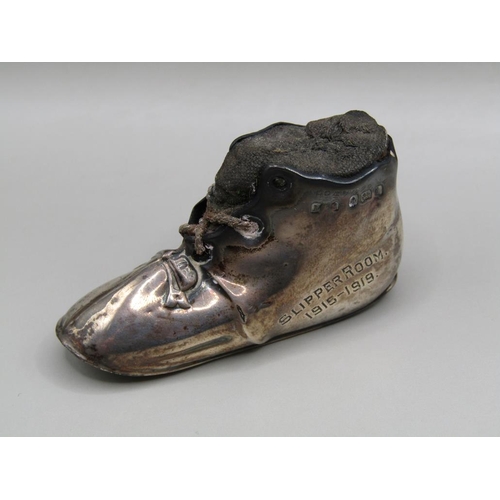 115 - A silver shoe pin cushion, engraved Slipper Room, Birmingham 1908, 5.2cm l.