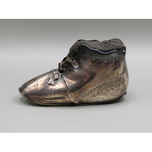 115 - A silver shoe pin cushion, engraved Slipper Room, Birmingham 1908, 5.2cm l.