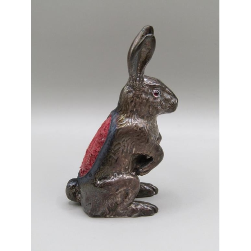 116 - An early 20c silver hare pin cushion, Sterling silver, seated, 7cm h.