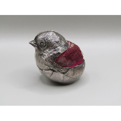 121 - A silver hatching baby bird pin cushion, Chester 1906, 5.5cm w.